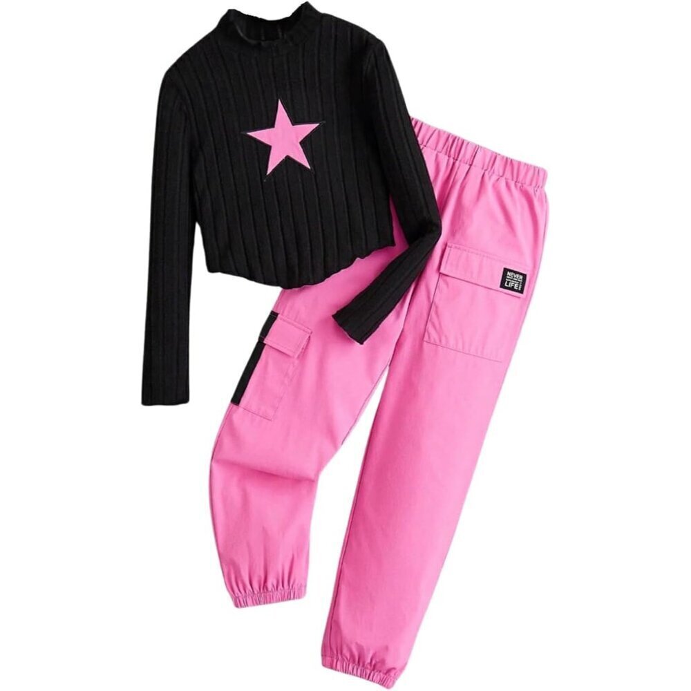 Girls Clothes 2 Piece Outfit Long Sleeve Crop Top + Cargo Pants, Tween Fall Clot